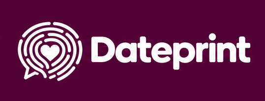 Dateprint app logo featuring a coral pink heart symbol inside a circular badge with white border and elegant typography on white background