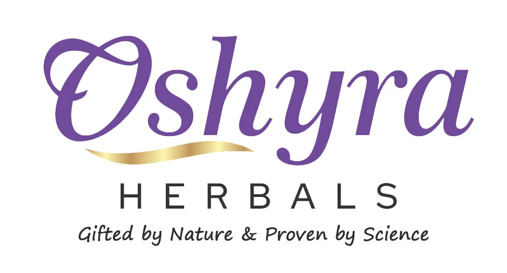 Minimal Indian herbal skincare brand logo for Oshyra, featuring a delicate botanical leaf icon in deep purple on a soft cream background, clean modern serif wordmark conveying natural elegance