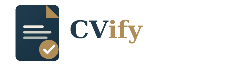 CVify brand logo mark in deep navy blue and warm amber accent, clean modern sans-serif wordmark beside a stylized document icon, transparent background