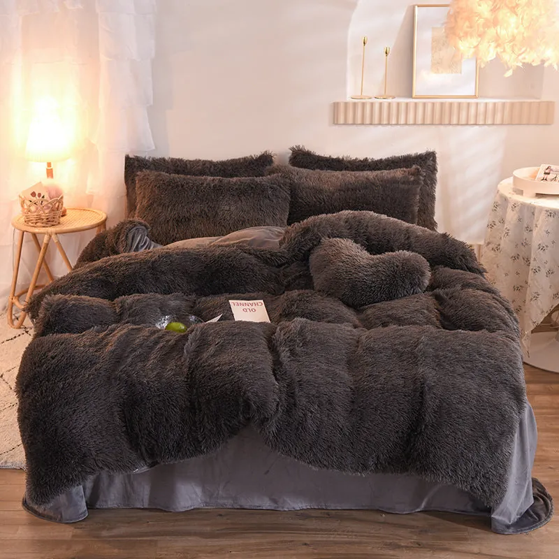 Purple fleece duvet cover set in rich royal purple color with thick shaggy texture displayed in product photo
