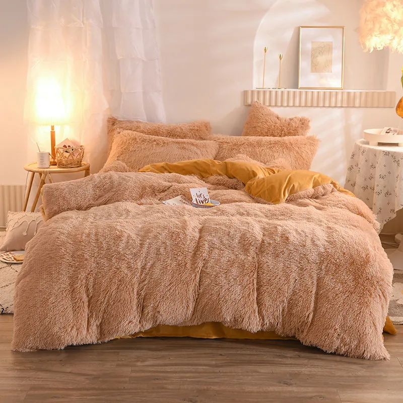 Navy blue fleece duvet cover set in deep navy color with thick plush shaggy texture styled on a king bed
