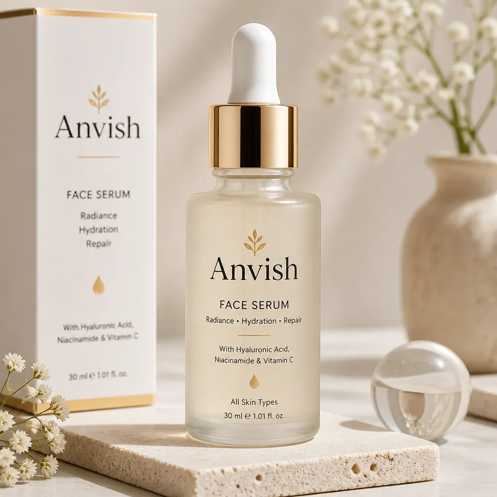 Anvish Face Serum dropper close-up with single golden drop suspended against clean cream background
