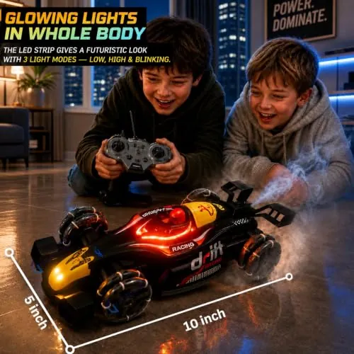 Detailed view of the GRAPHENE RC stunt car's underside showing 4WD gear system, motor, and battery compartment on a tech-style backdrop