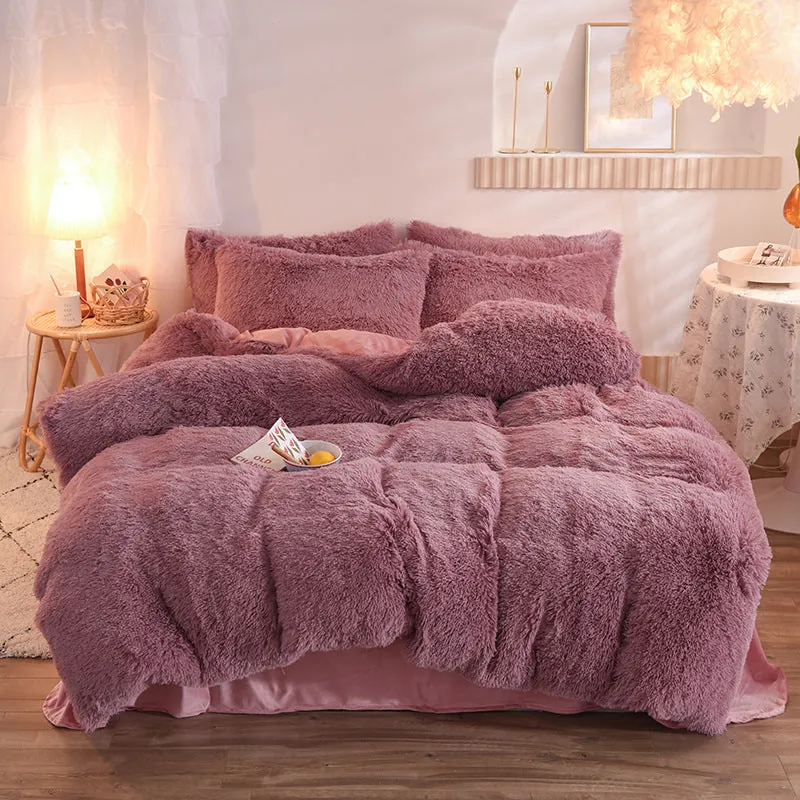 Dark grey fleece duvet cover set with thick shaggy texture in sophisticated charcoal color displayed lifestyle