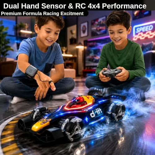 Lifestyle photo of an Indian father and daughter racing two GRAPHENE RC stunt cars on a carpet with smoke effect in a cozy home setting
