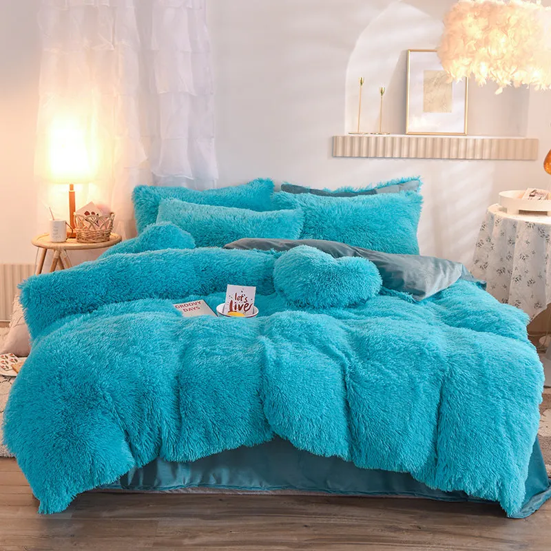 Beige color fleece duvet cover set displayed on bed with thick plush texture visible in soft neutral warm beige tone