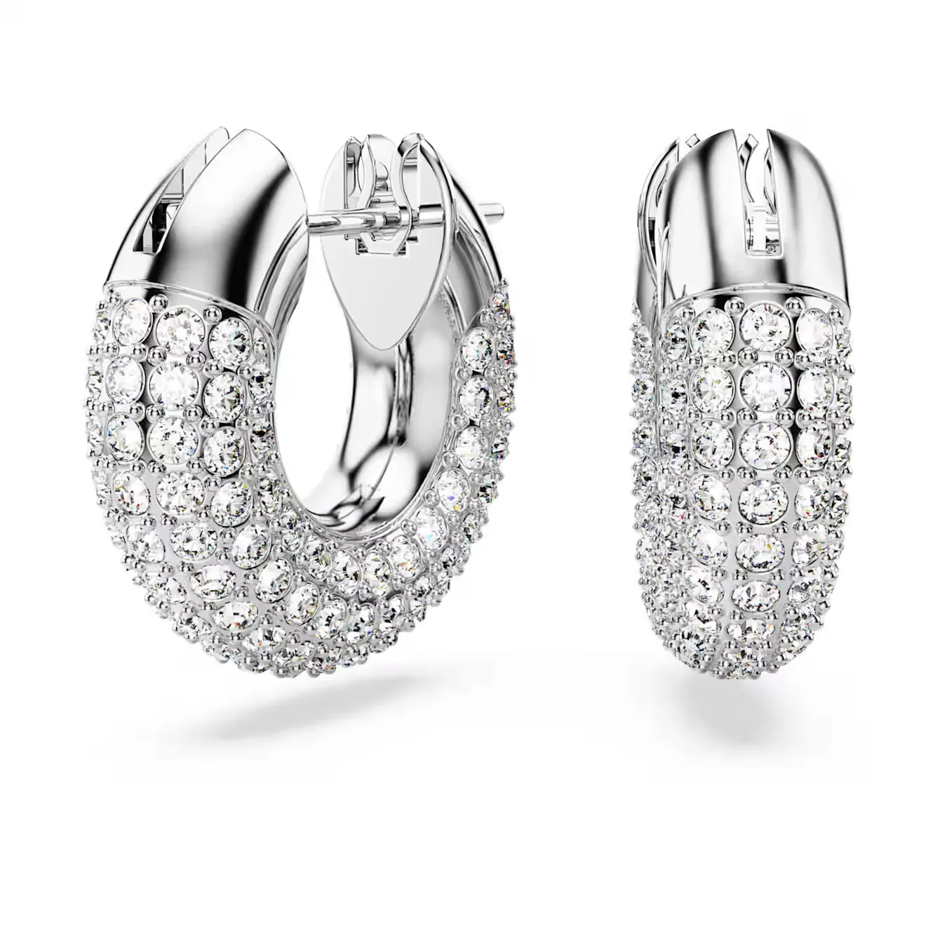 Dextera gold hoops displayed on reflective dark surface showing the sculptural silhouette