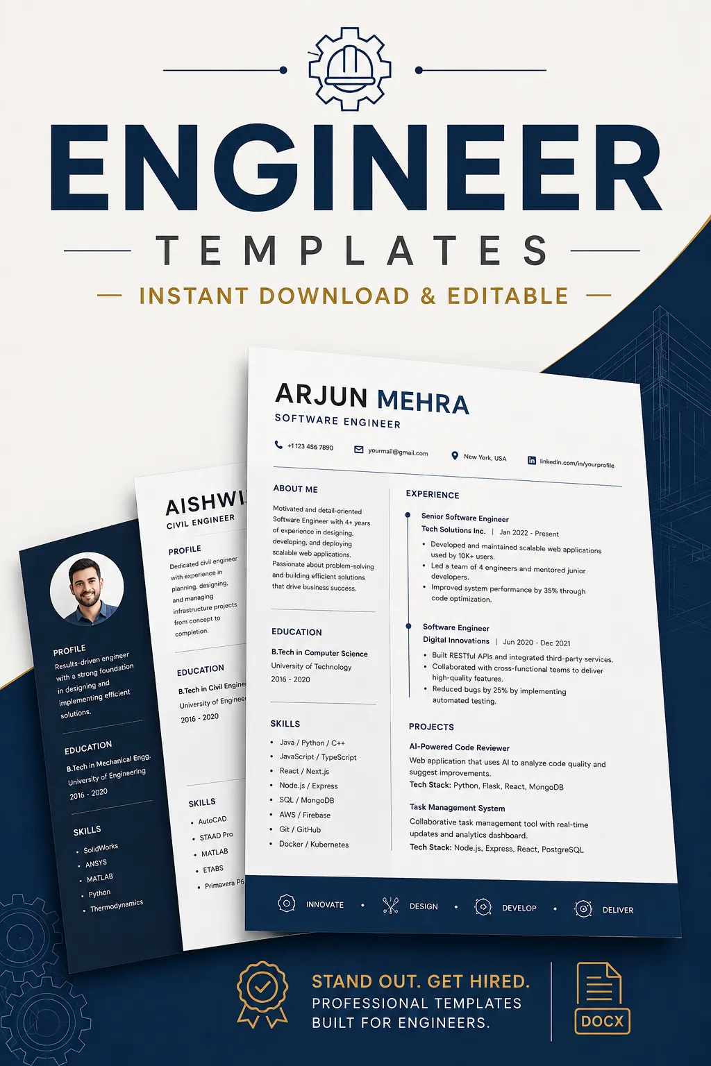Clean structured modern resume with elegant typography, clear sections, ATS-friendly layout, and a confident smiling applicant reviewing it