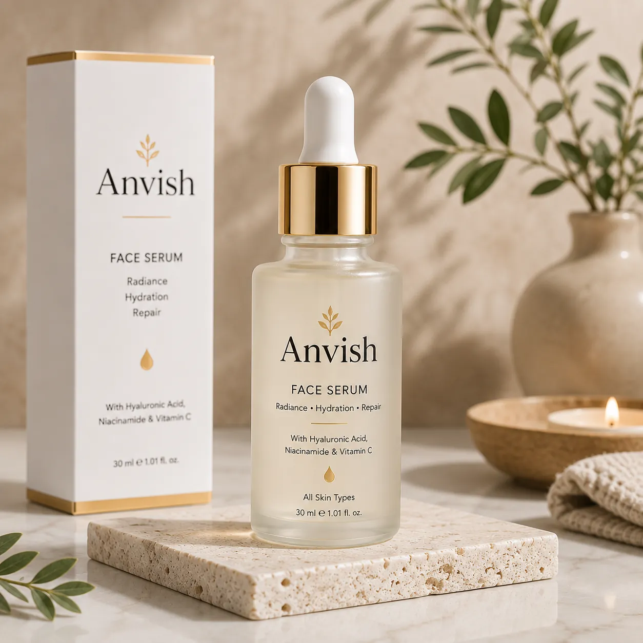 Anvish Face Serum 500ml family-sized bottle with soft peach ribbon and minimalist skincare flat-lay