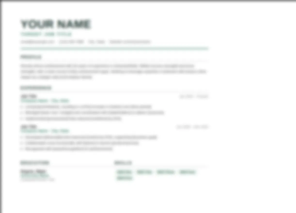 Detailed preview of a two-column executive resume template with photo header and clean skill bars