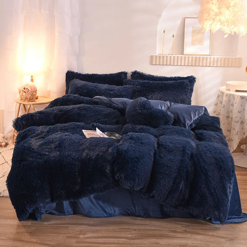 Camel color fleece duvet cover set showing warm tan tone with thick plush shaggy texture in product photography