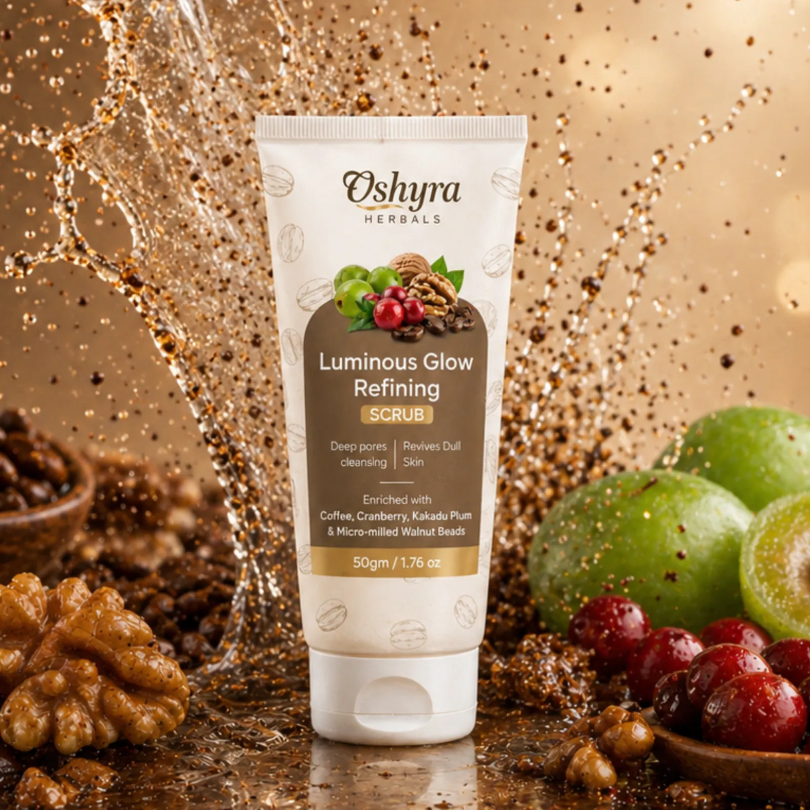 The 50g Oshyra Luminous Glow Refining Scrub amber glass jar on a soft cream linen towel with morning sunlight streaming in from a window, gentle warm tones