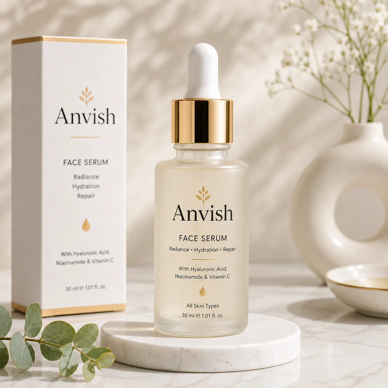 Anvish Face Serum cream jar with smooth glass texture and peach label on a clean linen background