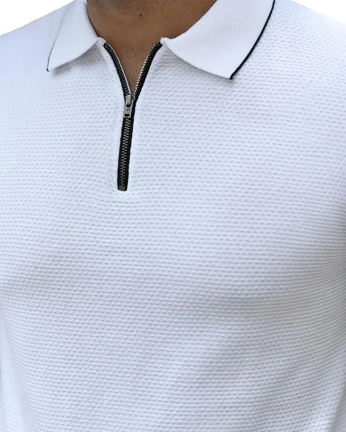 Man wearing the Posh Monk flat-knit polo outdoors in soft daylight