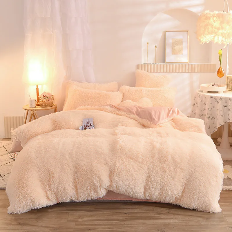 Forest green fleece duvet cover set in rich emerald color with thick plush visible texture on a made bed