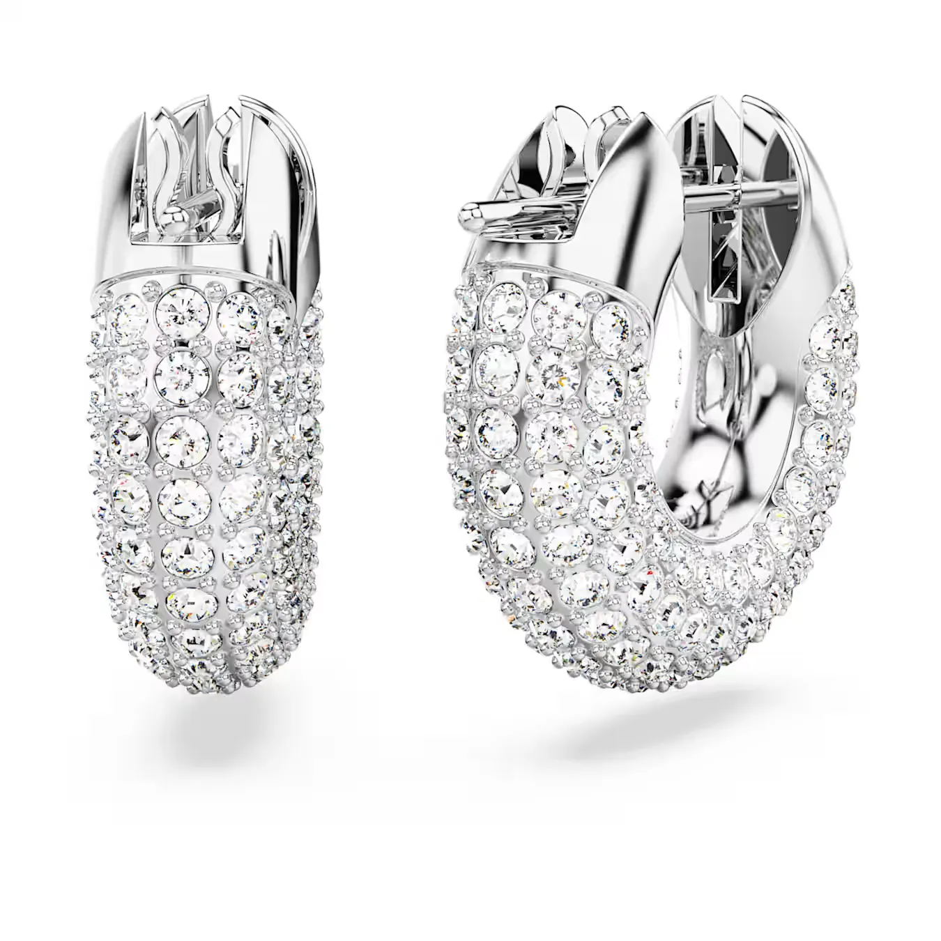 Detailed side angle of Dextera gold hoops showing pavé crystal coverage wrapping the entire hoop
