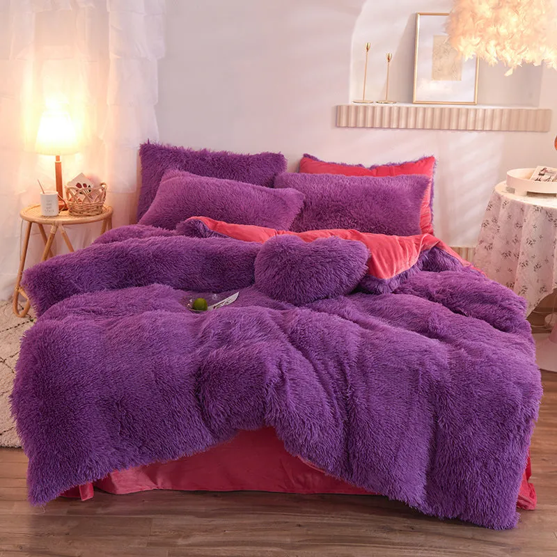 Light taupe fleece duvet cover set in soft warm taupe color with thick fluffy texture on a queen bed