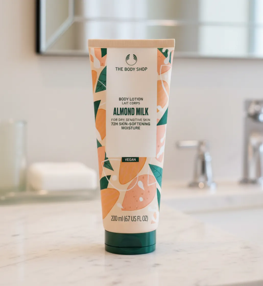 Two product variants of The Body Shop Almond Milk Body Lotion side by side on a clean white shelf, 200ml tube on left and 500ml bottle on right, soft studio lighting