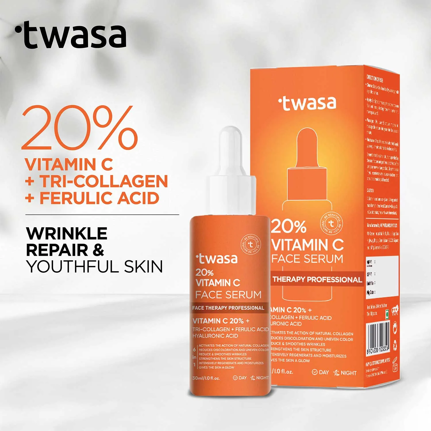 Lifestyle product photography of Twasa Vitamin C serum bottle styled on a clean modern bathroom shelf with plants