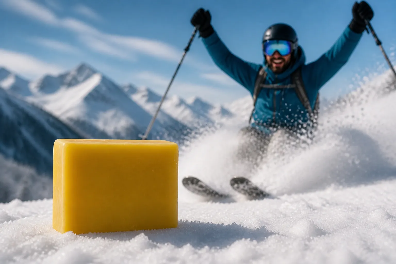 Dramatic wide cinematic hero shot of a professional snowboarder descending pristine powder on a misty mountain at golden hour, with a mysterious blue-lit silhouette overlay creating intrigue and adventure
