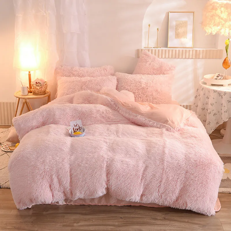 Dark brown fleece duvet cover set in deep chocolate color with thick plush texture styled on a bed