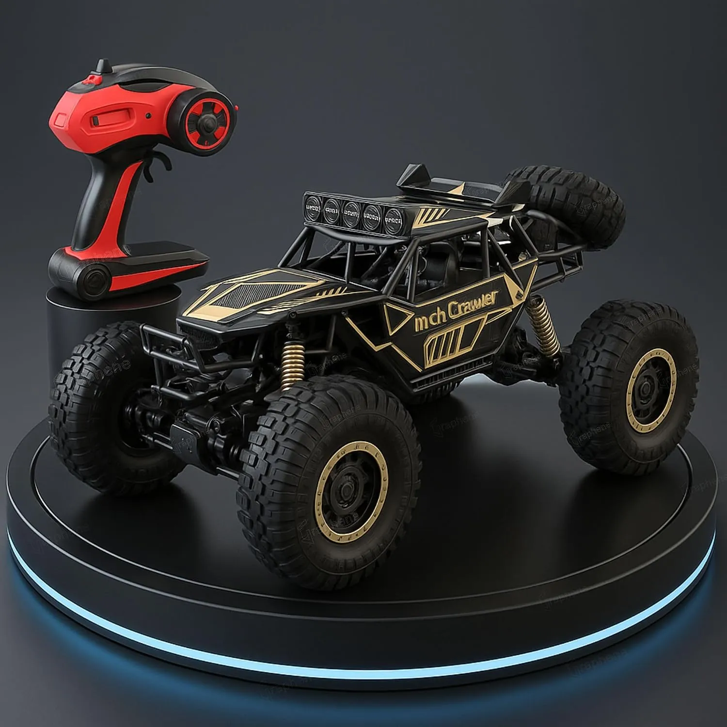 GRAPHENE RC car in flame red body color scheme parked on race track surface