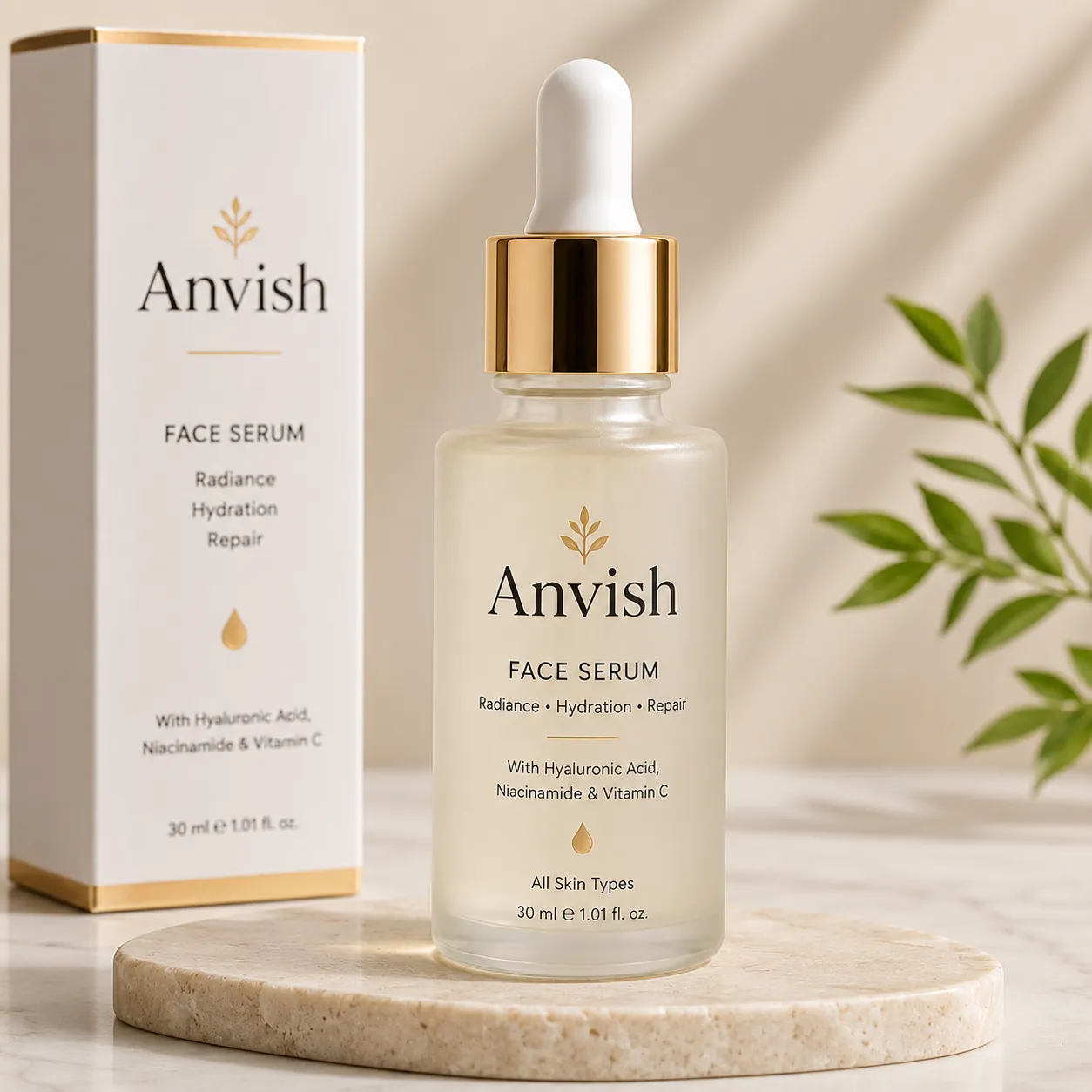 Anvish Face Serum 100ml bottle on soft peach marble background with delicate floral accents