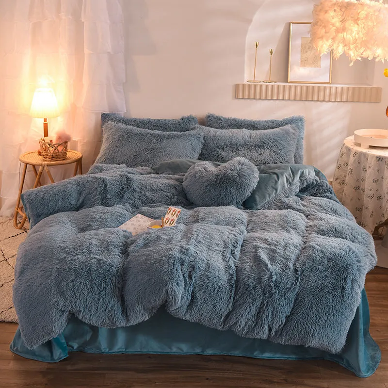 Coffee brown fleece duvet cover set in rich dark brown color with thick fluffy texture visible on folded bedding