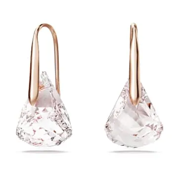 Top-down flat lay of the Lunar Drop pink earrings placed on a soft blush silk fabric with scattered rose petals around them