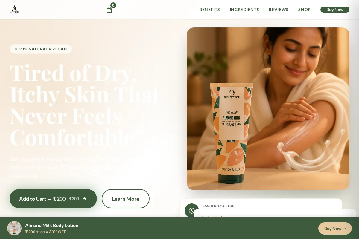 Almond Milk & Honey Soothing Body Lotion tube, creamy white packaging with almond illustration