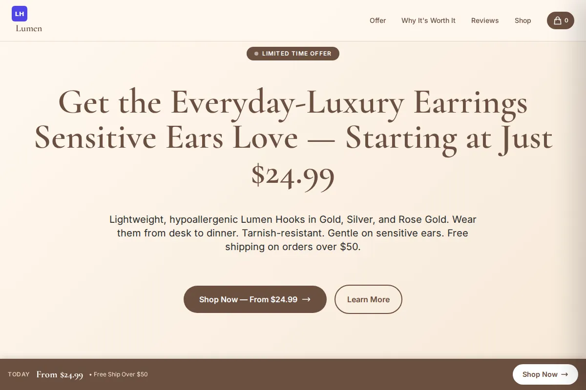 Lumen Hooks &mdash; elegant hypoallergenic drop earrings in tarnish-resistant gold plating